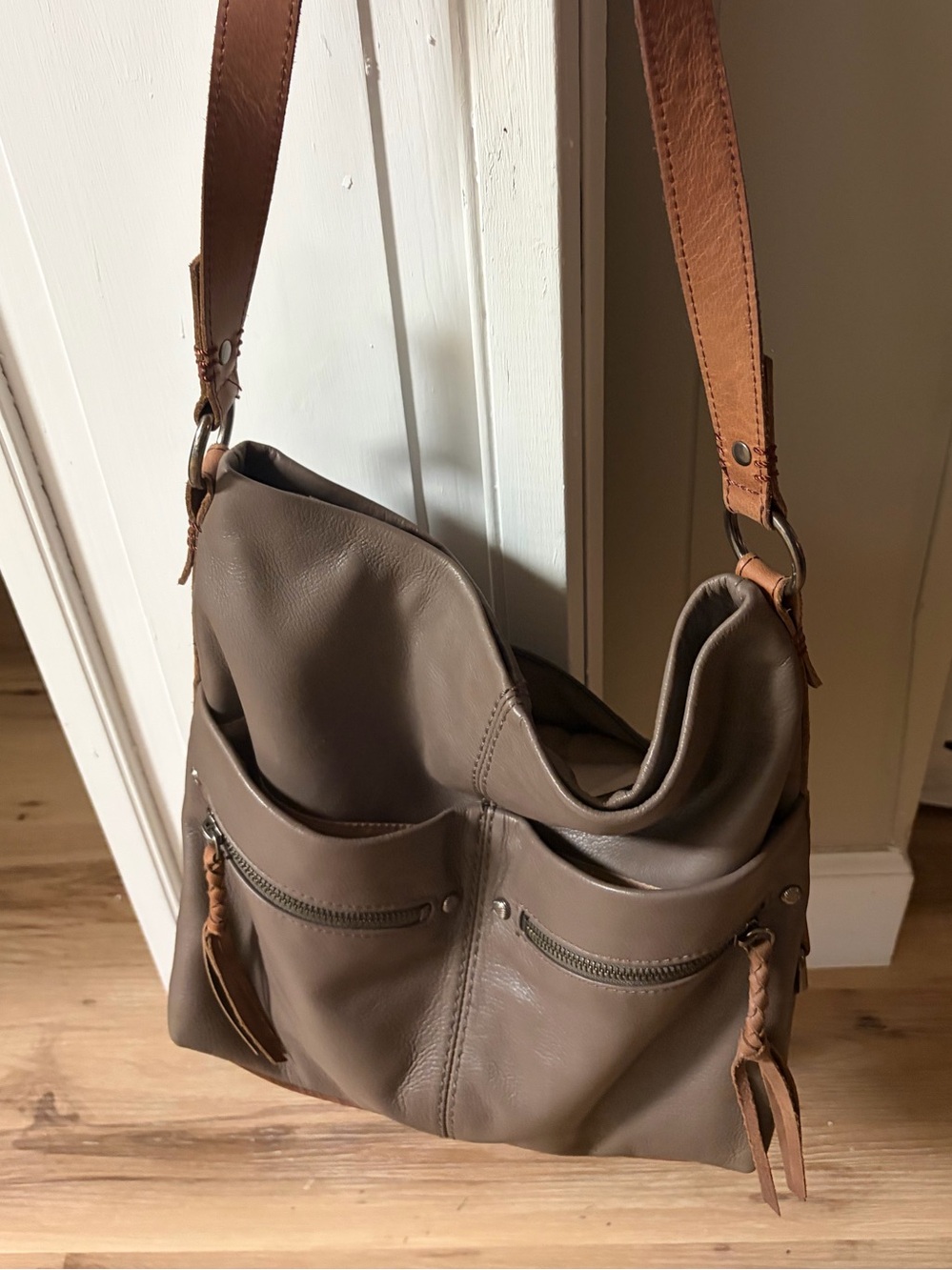 The Sak Taupe Shoulder Bag with Tan Strap